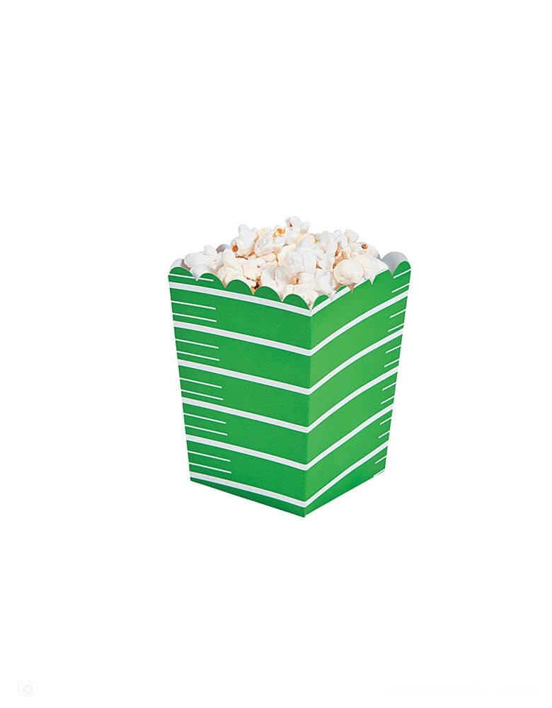 Momo Party's 3"x 3" x4" Football-Mini-Popcorn-Boxes by Fun Express, come in as a set of 8 boxes,  these mini popcorn boxes in green are prefect for your football themed parties.