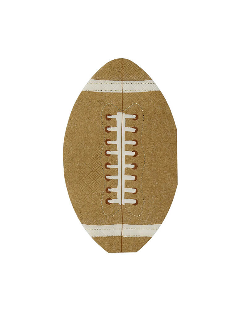 Momo Party's 4.625 x 7.75" football napkins by Meri Meri, featuring gold foil accent, these football die cut napkins are perfect for kid's football themed birthday celebrations, Super Bowl parties, or a football viewing party.