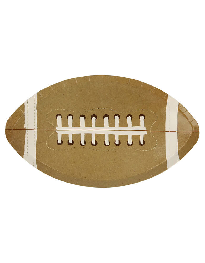 Momo Party's 12.5 x 7.25 x 0.5" die-cut football shaped plates by Meri Meri, featuring gold foil accent, these plates come in as a set of 8 plates, these plates are perfect for kid's football themed birthday celebrations, a Super Bowl party or a football viewing party. 
