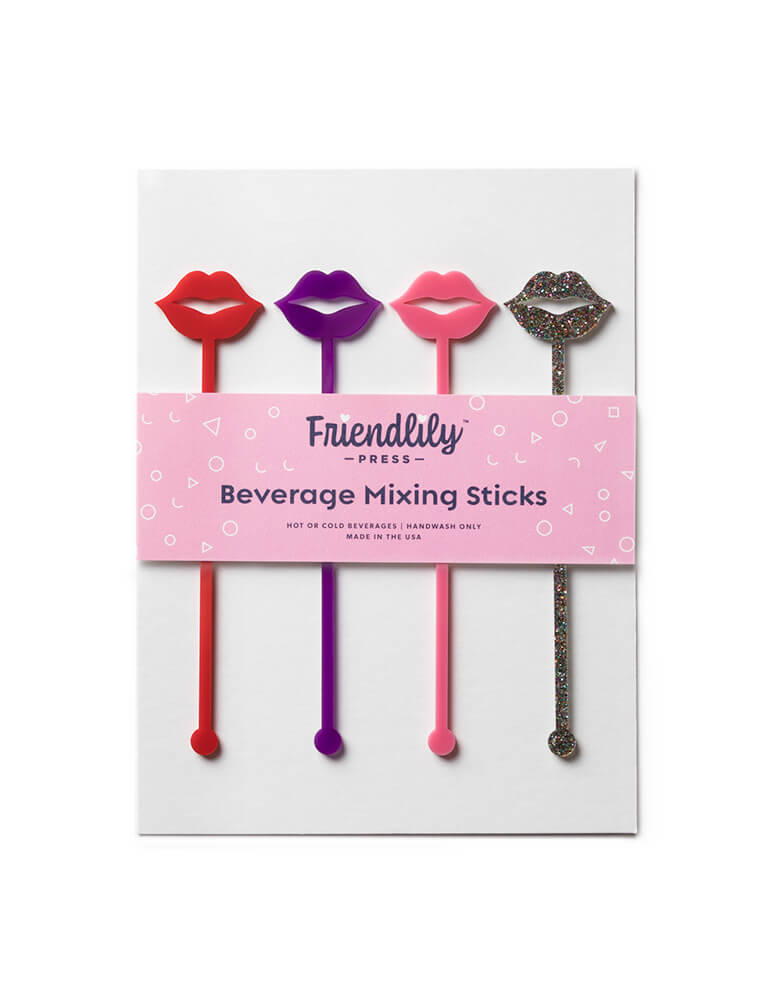 Friendlily Press - Lips Drink Stirrer Set. These acrylic stir sticks are reusable and can be used in hot or cold drinks. It includes: Red Lips, Purple Lips, Pink Lips, Rainbow Glitter Lips. This cute modern party supplies is perfect for  Valentine's day party, Galentine's Day celebration, BBF party, sleepover party, bachelor party