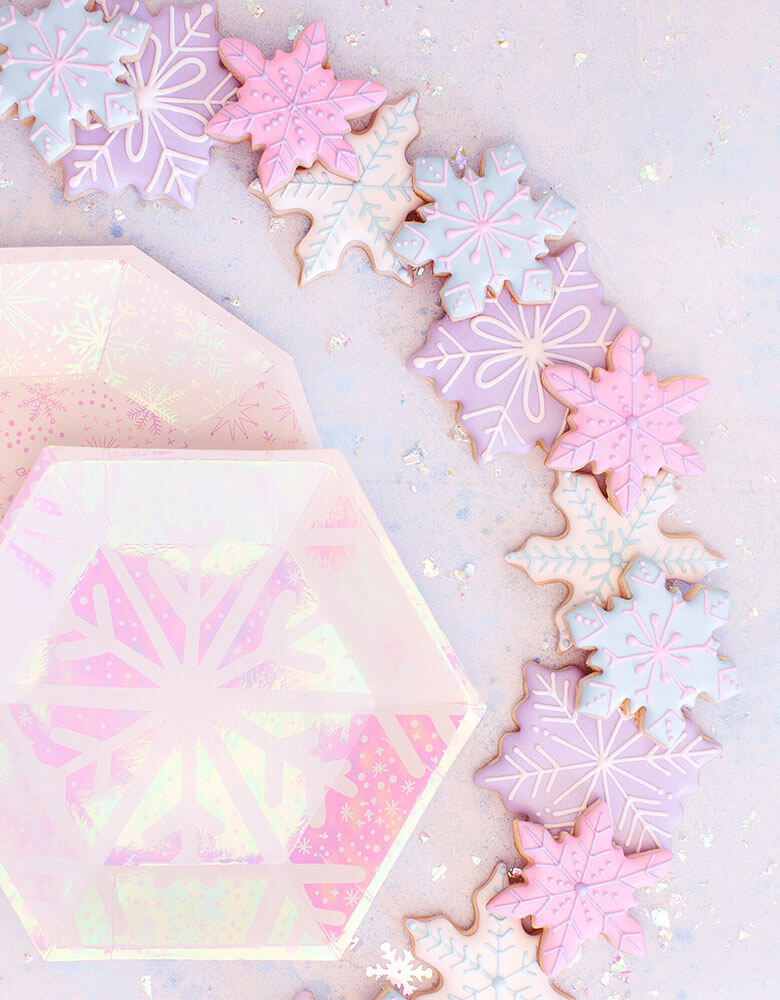 Daydream Society_Frosted Collection_Snowflake designed Party Supplies with snowflake cookies around it