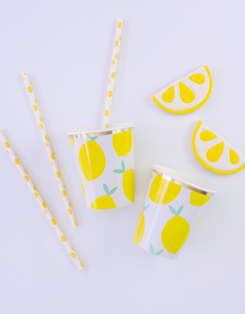Party Lemon Patterns Paper Straws with Lemon cups and cookies