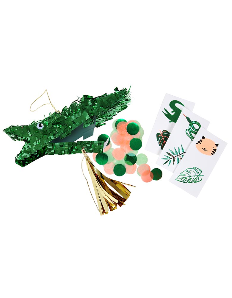 Crocodile Party Favor Piñata with Googly eyes, gold tassel & green foil detail Contains confetti & 2 temporary tattoos