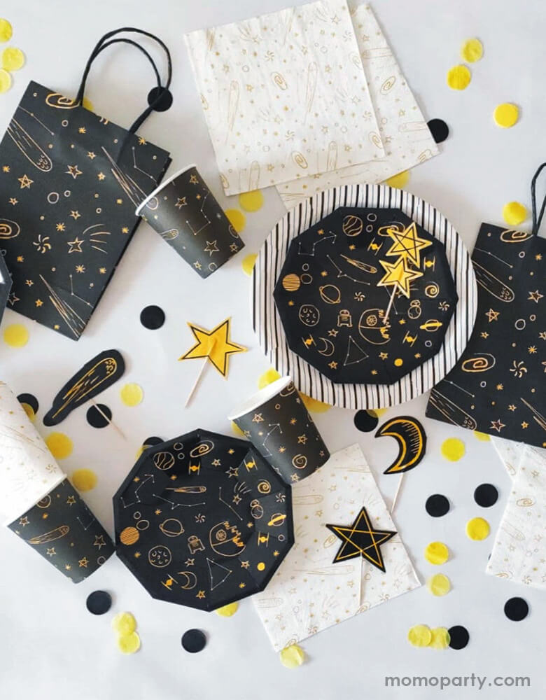 Pooka Party - Galaxy Party Collection with Galaxy plates and cups, Galaxy themed cupcake toppers, party bags, Galaxy Napkins, black and yellow confettis. This Galaxy Collection Featuring yellow galaxy themed design on the black color tablewares, these partyware are inspired on space adventures and will take your decoration to another dimension! Modern stress free party supplies for kid space themed birthday party, blast off birthday party, star wars themed birthday party, Galaxy Party