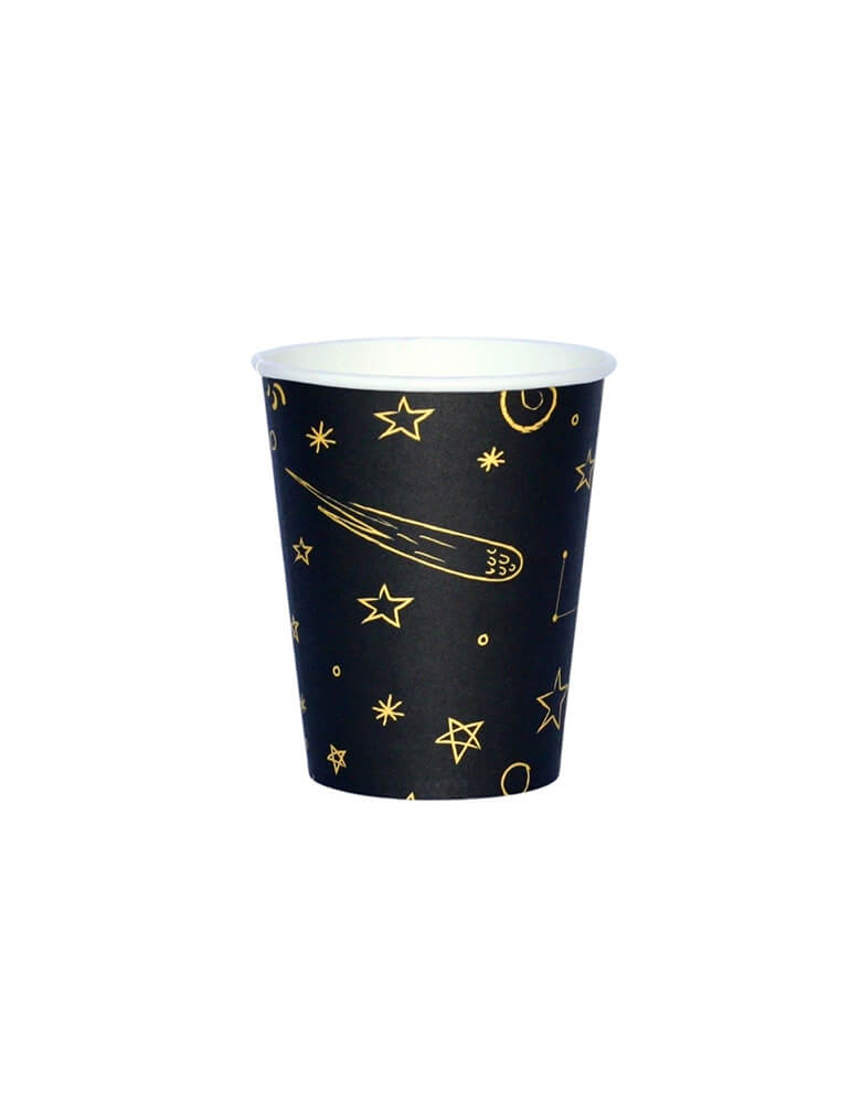 Pooka Party - Galaxy Party Cups. Featuring yellow and dark colors, these party cups are inspired on space adventures and will take your decoration to another dimension! Modern stress free party supplies for kid space themed birthday party, blast off birthday party, star wars themed birthday party, Galaxy Party