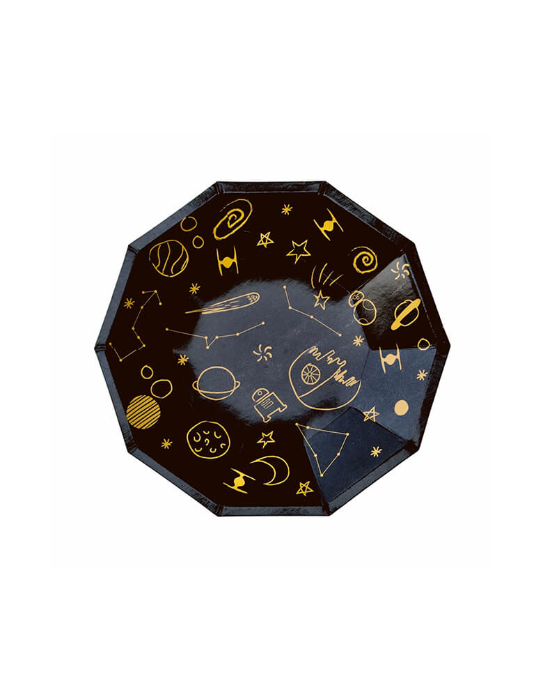 Pooka Party 9inches Galaxy Small Plates. Featuring yellow and dark colors, these plates are inspired by space adventures and will take your decoration to another dimension!