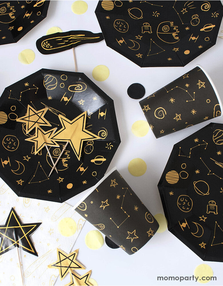 Pooka Party - Galaxy Party collection. Featuring yellow and dark colors on the galaxy paper plates, galaxy paper cups, galaxy cupcake toppers. these party supplies are inspired on space adventures and will take your decoration to another dimension! Modern stress free party supplies for kid space themed birthday party, blast off birthday party, star wars themed birthday party, Galaxy Party