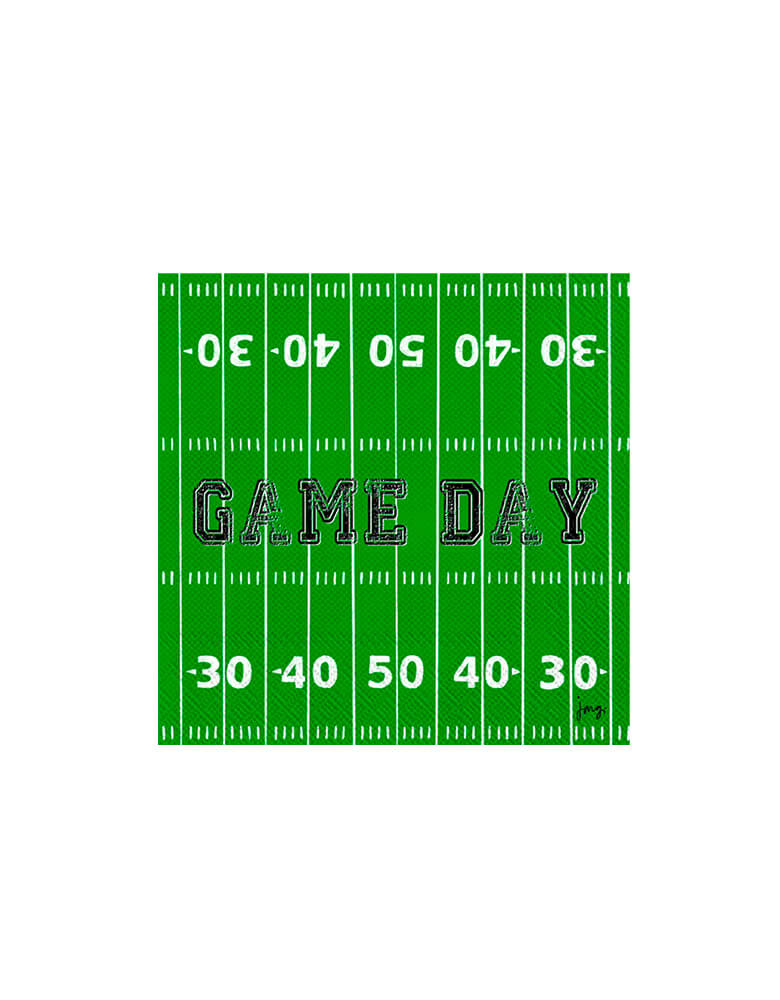 Boston International - Game Day Football Field Small Napkins. Featuring a top view of green grass football field design with "Game Day" text in the middle. Sore big with these fun napkins with football field design at your football themed celebration. 