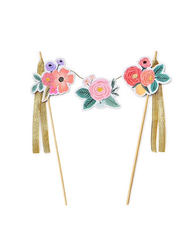Rifle Paper Co - Garden Party Cake Topper. Featuring Blooming floral clusters are strung between two posts, with gold ribbon ties and gold foil accents.