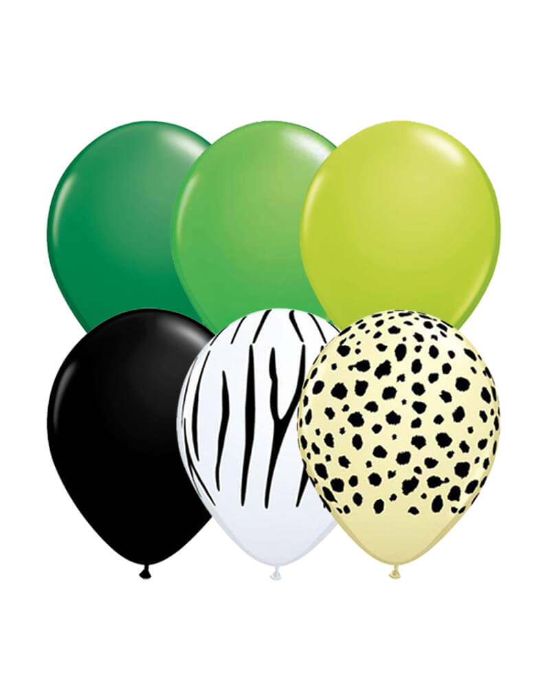 Latex balloon bundle with 11inch Latex balloon in black, green, spring green, lime green colors, zebra print and cheetah print for a Safari animal themed, Get wild themed, Tiger King birthday party celebration