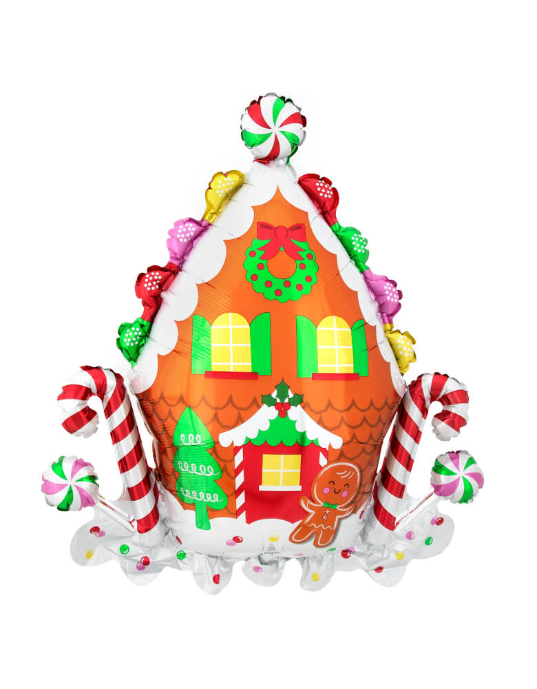 Anagram 30" Gingerbread House Foil Mylar Balloon. Featuring peppermints, candy canes and gingerbread man decorated on a gingerbread house. Adding this unique, high quality, designed cute foil balloon for your holiday celebration