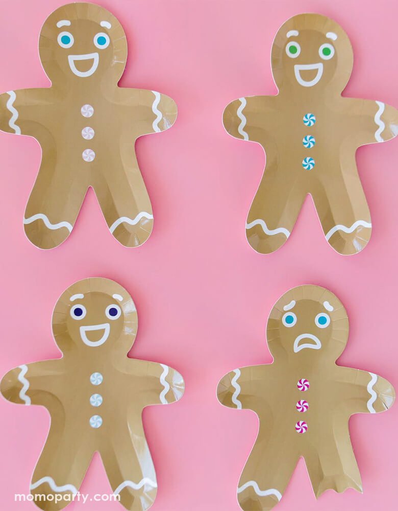 Jollity & Co Gingerbread Man Die-cut shaped Plates with pink background for a fun christmas celebration. sold by high quality unique party boutique store at momoparty.com