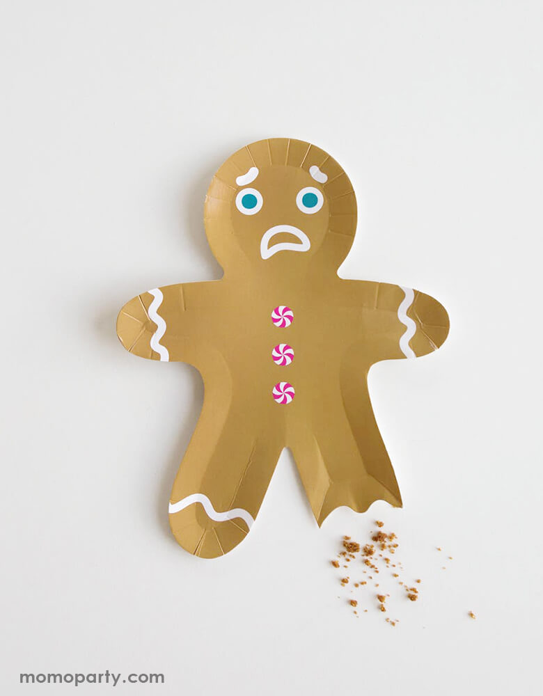 Jollity & Co Gingerbread Man Die-cut shaped Plates with bitted leg and sad face, adding some cookie crush for a fun christmas celebration. sold by high quality unique party boutique store at momoparty.com