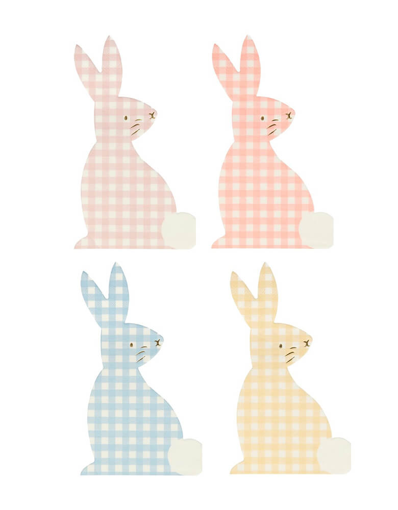 Meri Meri - Gingham Bunny Napkins. They are crafted from a gingham print design, in 4 colors: blue, coral, pink and yellow. Made from eco-friendly paper. Add a fabulous look to your Easter, or springtime, party table with these delightful bunny napkins.