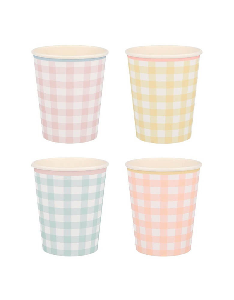 Meri Meri Gingham Cup. These cups feature a classic spring and summer Gingham print in blue, coral, pink and yellow design colors, with a delightful scalloped edge and a coordinating colored border. They are perfect for Tea parties, Easter party, Easter picnic, Spring party, and any birthday party for girls.