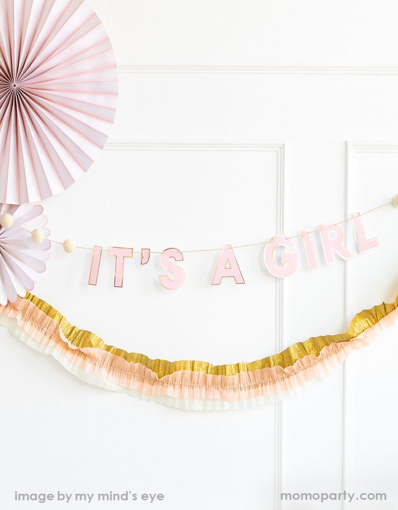 Baby Girl's nursery room decorated with My Mind's Eye "It's a Girl" Baby Girl Pink Banner and Baby Pink/Cream/Gold Crepe Festoon, Pink baby Paper Fan