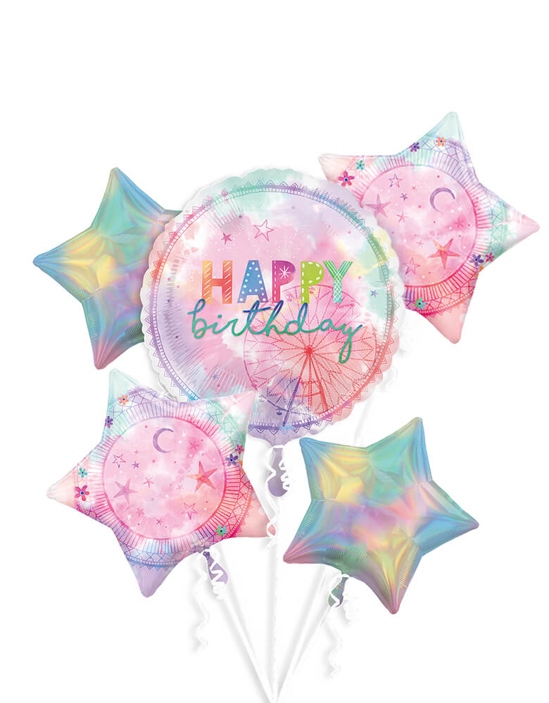 Anagram Balloons - 42230 Girl-chella Bouquet P75. Create a spectacular display for your groovy birthday party with this five-piece balloon bouquet. The large round foil balloon features a giant Ferris wheel and a "Happy birthday" headline. Round out your eye-catching decoration with two silver iridescent star foil balloons and two matching pastel star foil balloons.