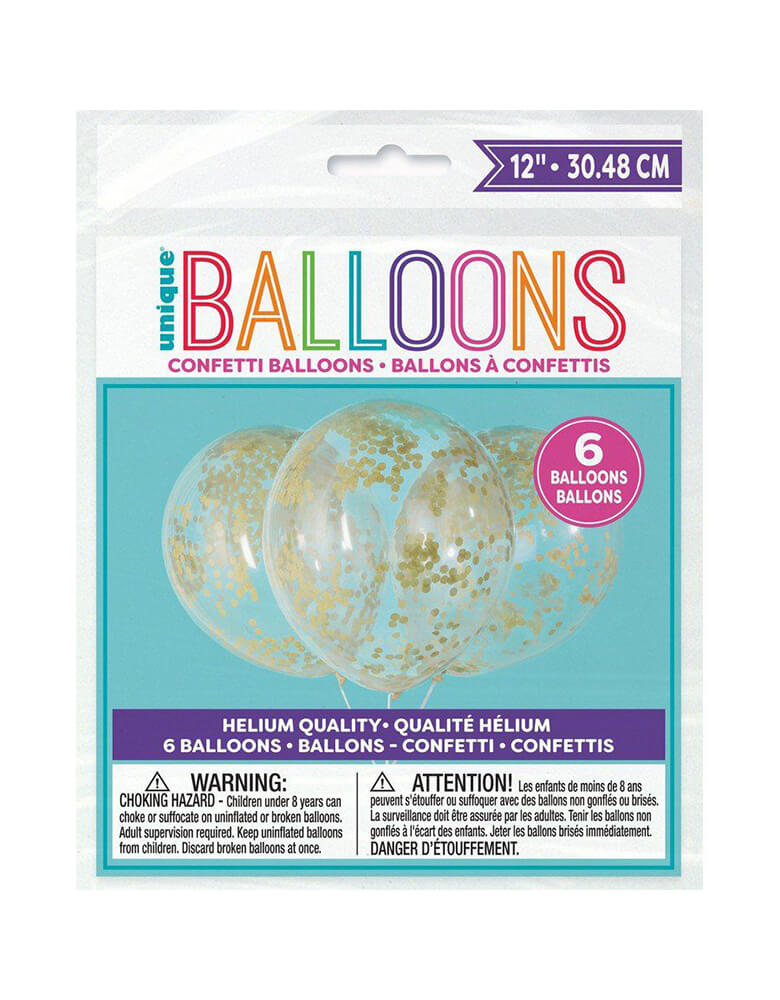 Unique Industries Balloons - 12 inches Clear Latex balloon with Gold Confetti in a clear package.  Mix with themed foil balloon and latex balloons for a graduation party of New Year Eve celebration