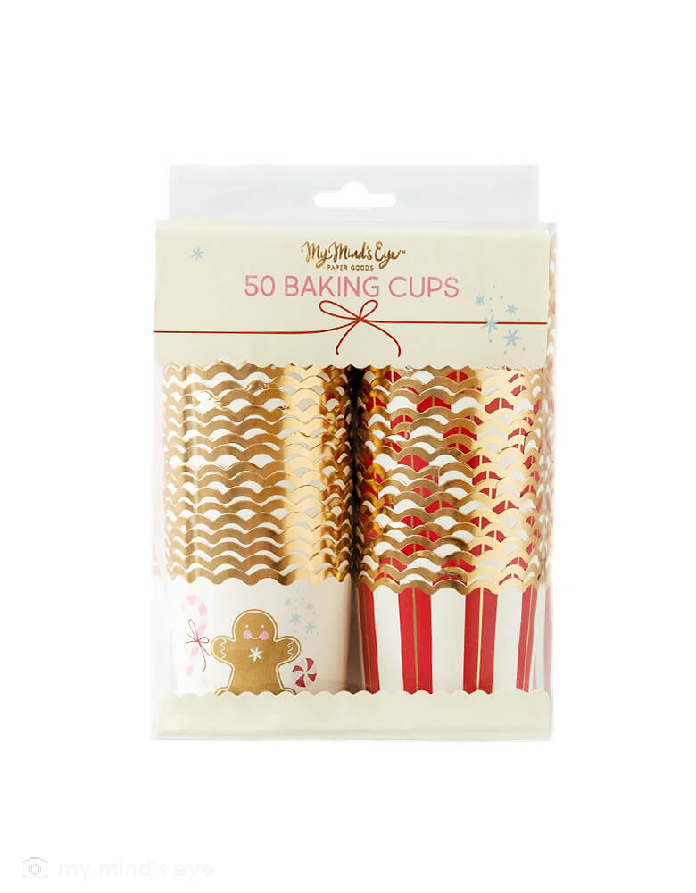 My Minds Eye - Gold Foil Gingerbread Man Food Cups. Featuring in 2 designs with gingerbread man with candy canes design, and red white stripes with gold foil edge. These adorable gingerbread man food cups are perfect for baking cupcakes right in the oven. But don't limit yourself, there are so many great uses for them: add candy and wrap in cellophane for a holiday neighbor gift or party favor, cut up veggies and add dip for the perfect hors d'oeuvres at a party, bake mini quiche, or fill with fun snacks!
