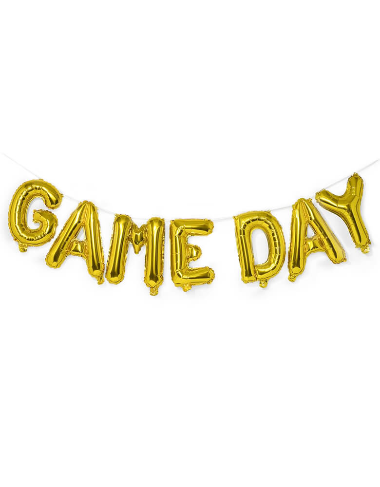 Coterie - Gold Game Day Foil Balloon Banner.  Featuring 16 inches script Gold foil balloon spelled "Game Day", also includes a straw for easy inflating the old-fashioned way, plus ribbon for hanging. Decorated with it in your sports themed party, game day or Let your guests know that it's game on with these gold foil balloons that will ensure your party stands out from the pack