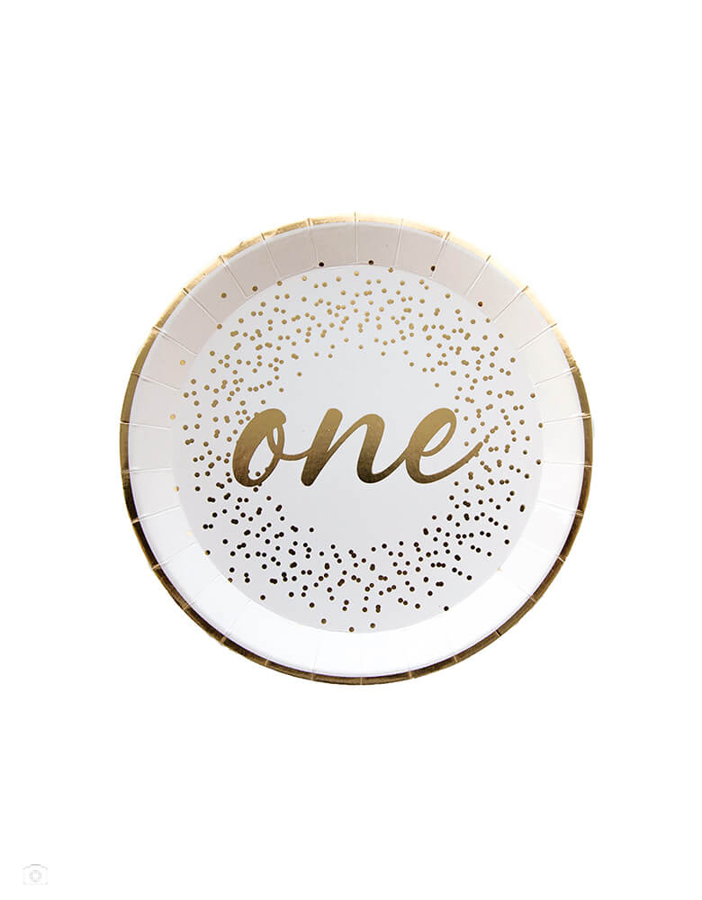 Jollity 7-inch onederland gold round dessert plate with gold script "one" on it and gold foil confetti illustration around it, it's gender neutral and perfect for baby's WILD ONE themed first birthday party celebration!