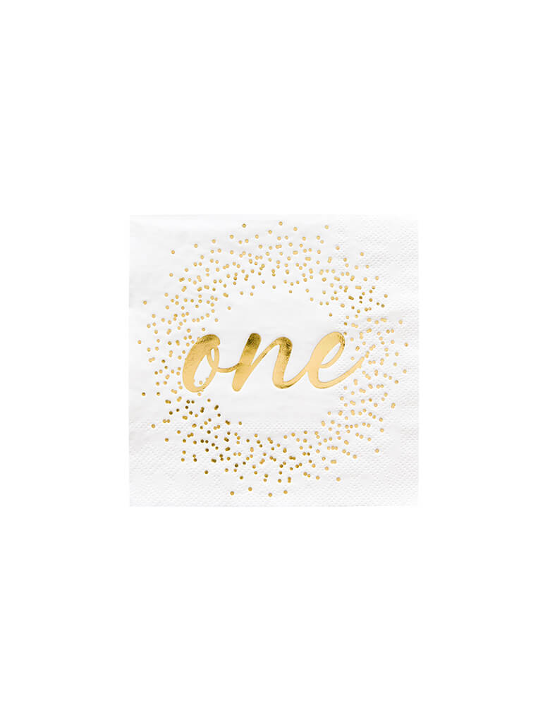 Jollity 5-inch onederland gold small napkin with gold script "one" on it and gold foil confetti illustration around it, it's gender neutral and perfect for baby's WILD ONE themed first birthday party celebration! 