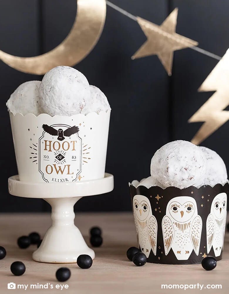 My Mind's Eye gold owl food cups featuring white owls with gold and black accents, perfect for a wizards and witches themed Halloween party or a Harry Potter themed birthday party.