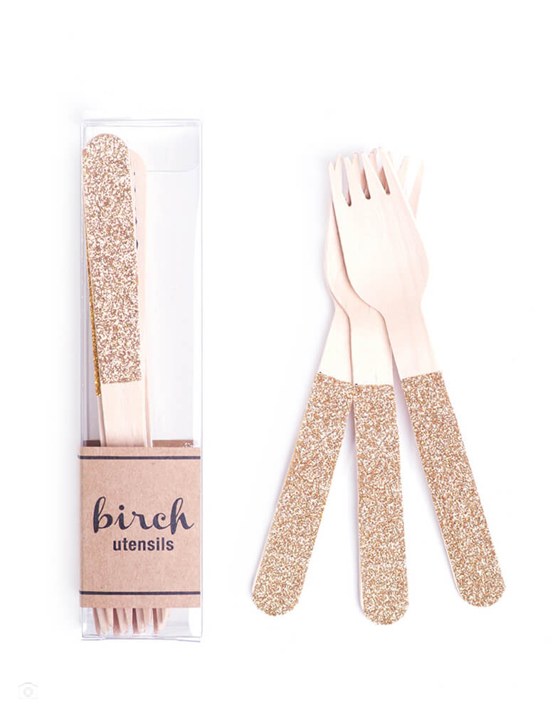 Boston International - Gold Sparkle Birch Forks. This set of 12 wooden forks with gold sparkle details, These birch forks are perfect for a princess themed birthday, graduation party, or a New Year'e Eve celebration! 