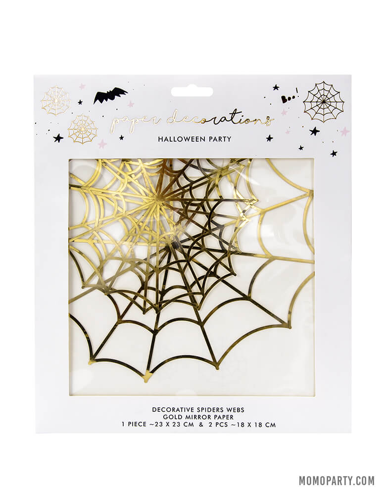 Eco friendly Package look of Party Deco Halloween Collection - Gold Spiderweb Decorations. Pack of 3 spiderwebs in two sizes.
