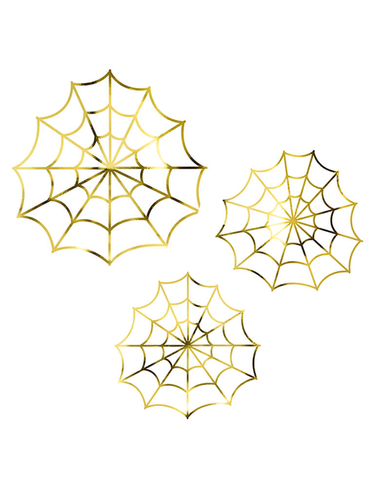 Party Deco Halloween Collection - Gold Spiderweb Decorations. Pack of 3 spiderwebs in two sizes. These set of gorgeous gold foil spiderweb decorations are super easy to set the look for your Halloween party table, or use as wall decorations 