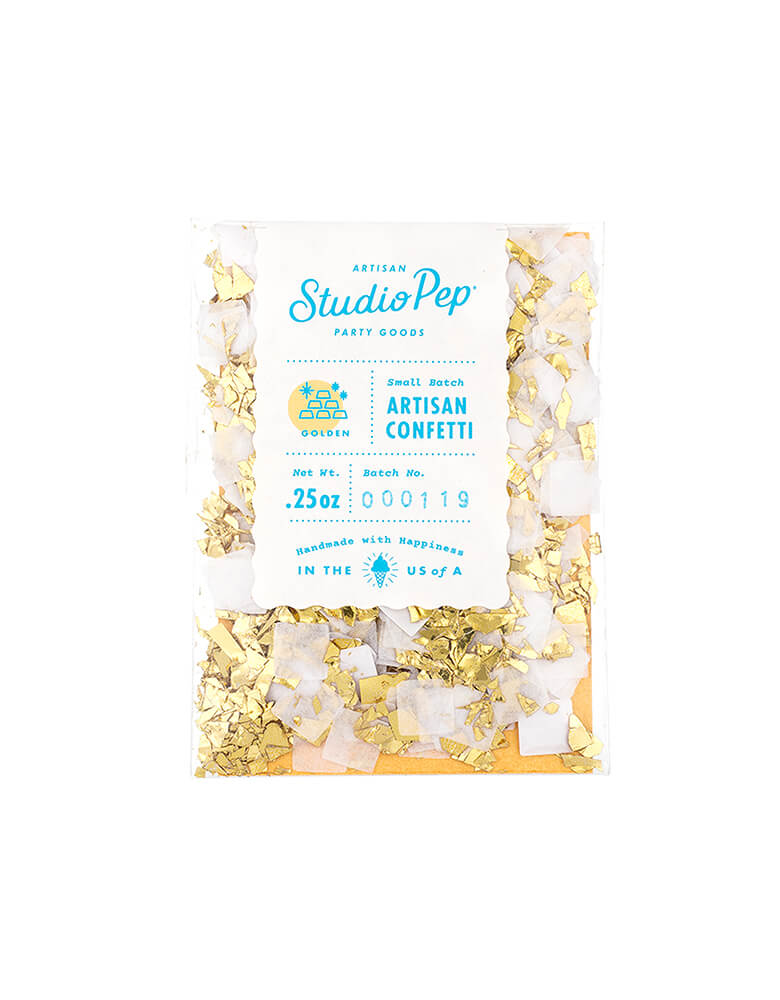 Studiopep 0.25oz Golden Artisan Confetti Mini Bag Packaged in 3 x 4" cello bag. with colors of white and gold shred confetti, Pressed from sustainably sourced, American made tissue paper. Hand packed and Metallic shred made in USA