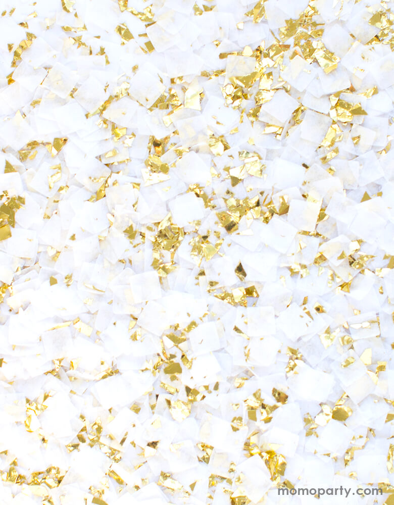 Studiopep 0.25oz Golden Artisan Confetti Mini Bag with colors of white and gold shred confetti, Pressed from sustainably sourced, American made tissue paper. Hand packed and Metallic shred made in USA