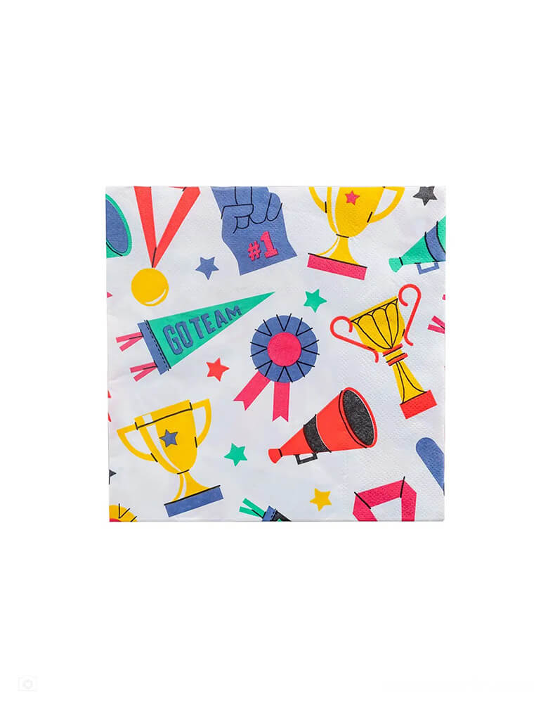 Momo Party's Good Sport Large Napkins by Daydream Society. Comes in a set of 16 napkins, these napkins feature bright colors and fun illustrations of trophies, megaphones, badges, and "Go Team" flags, they're perfect for team parties, birthday parties, and everyday victories!