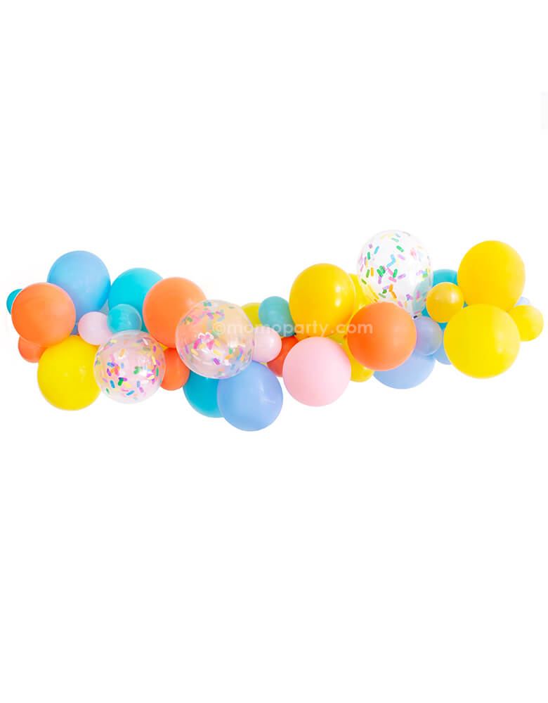 Momo party Good Vibes Balloon Cloud Kit. Included Assorted 11” (large) & 5” (small) "Good Vibes" themed latex balloons in coral, pink, yellow, goldenrod, light blue and Caribbean blue, plus six 11" confetti balloons (pre-filled). Made in the USA. Easy DIY balloon garland Kit for your party