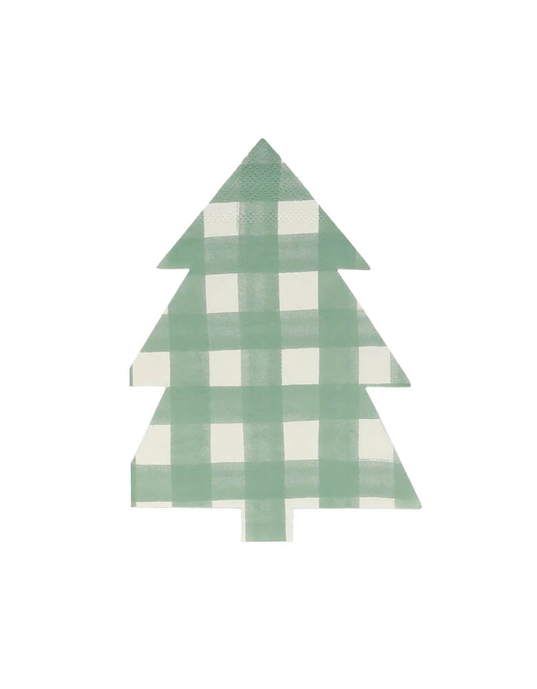 The classic gingham print in a tree shape. This green checkered napkin goes well with many party themes. Set your Christmas or holiday party table with these forest green and white tree shapes napkins. They also go well for adventure and camping themes, forest and woodland themes, baby showers, and other celebrations. These merimeri napkins are made of eco-friendly paper, and each pack contains 16 napkins of size 4.625 x 6.5  inches