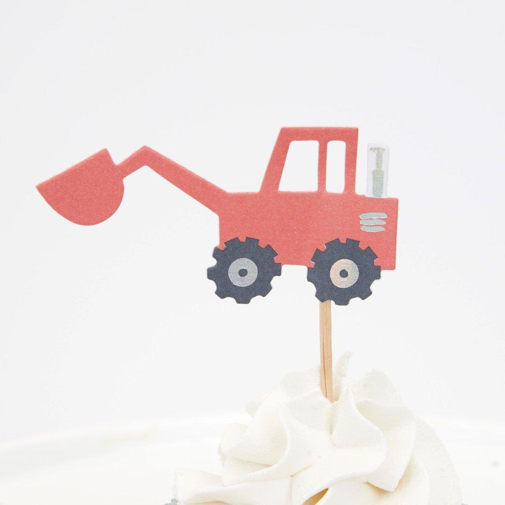 Cupcakes with red Excavator cupcake topper from Meri Meri Construction Cupcake kit.
