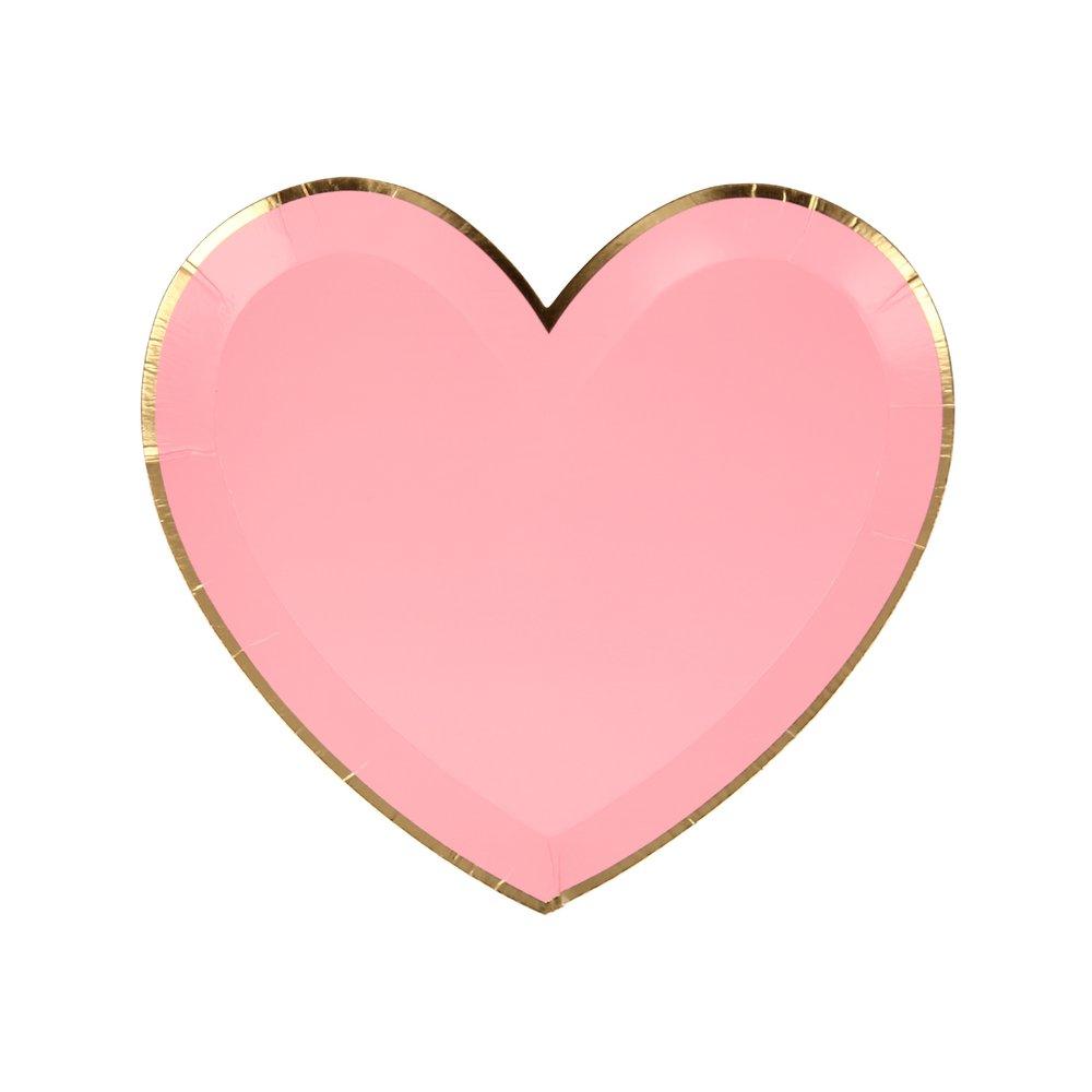 Meri Meri pink tone small die cut heart shaped party plate in pink color with gold foil detail on the edge, perfect for a Valentine's Day or Galentine's Day celebration, wedding, bridal shower, engagement party or any girly themed birthday party.