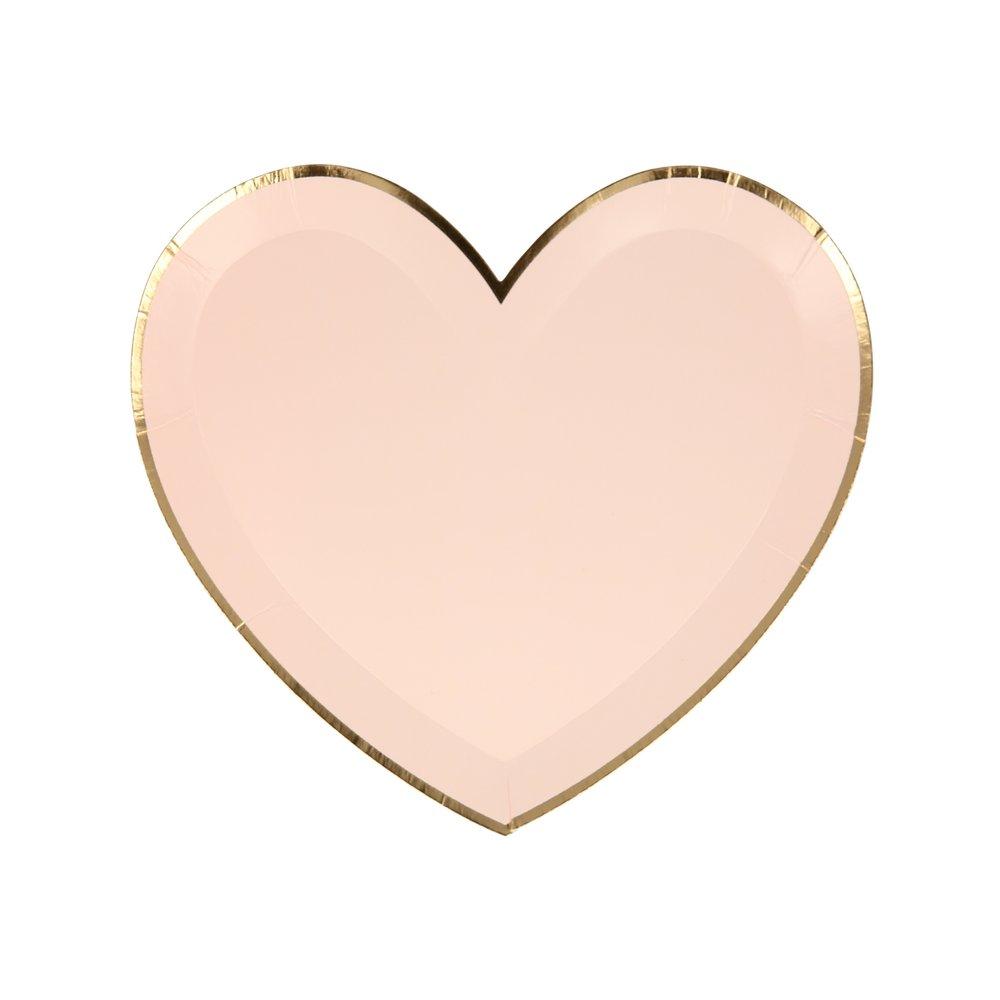 Meri Meri pink tone small die cut heart shaped party plate in blush color with gold foil detail on the edge, perfect for a Valentine's Day or Galentine's Day celebration, wedding, bridal shower, engagement party or any girly themed birthday party.