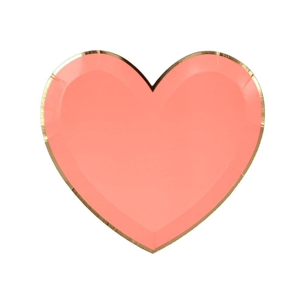 Meri Meri pink tone large die cut heart shaped party plate in coral color with gold foil detail on the edge, perfect for a Valentine's Day or Galentine's Day celebration, wedding, bridal shower, engagement party or any girly themed birthday party.