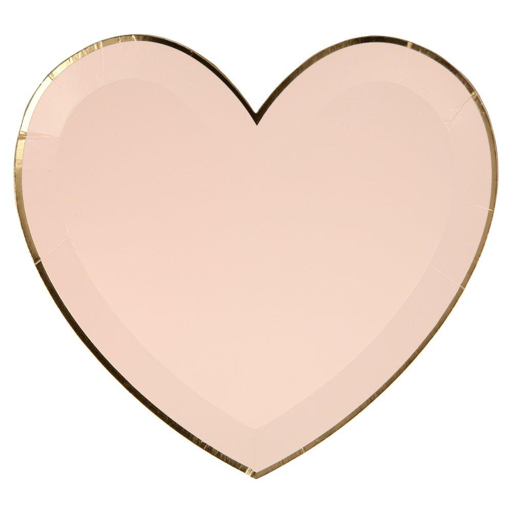 A closeup of the blush plate from Meri Meri's pink tone large die cut heart shaped party plate set in 4 shades of pink including coral, pink, peach and blush with gold foil detail on the edge, perfect for a Valentine's Day or Galentine's Day celebration, wedding, bridal shower, engagement party or any girly themed birthday party.
