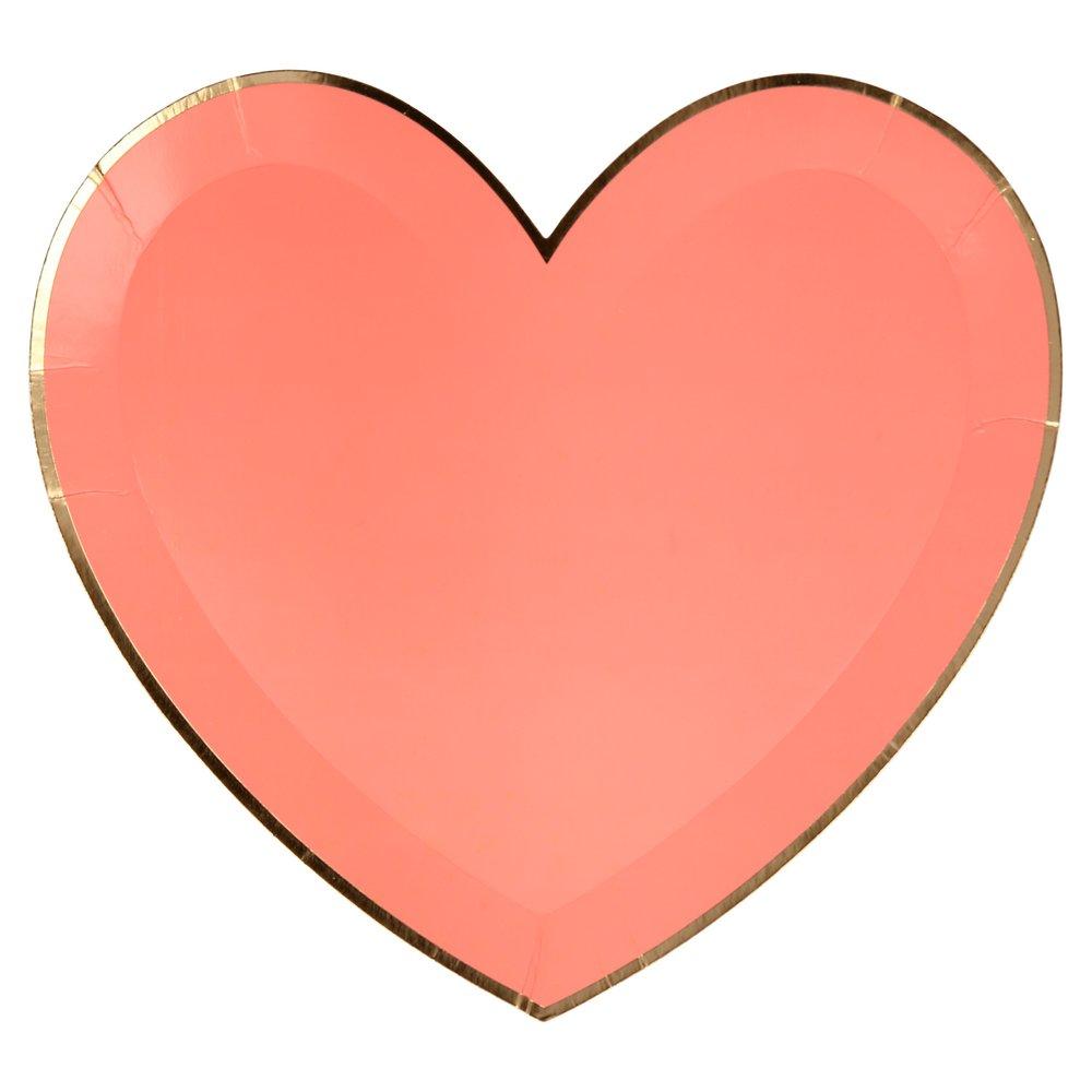 A closeup of the coral plate from Meri Meri's pink tone large die cut heart shaped party plate set in 4 shades of pink including coral, pink, peach and blush with gold foil detail on the edge, perfect for a Valentine's Day or Galentine's Day celebration, wedding, bridal shower, engagement party or any girly themed birthday party.