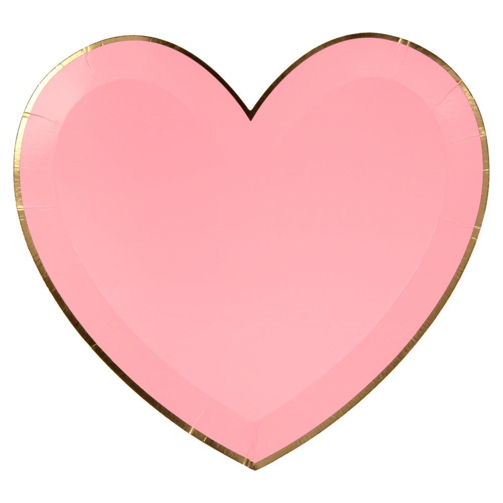 A closeup of the pink plate from Meri Meri's pink tone large die cut heart shaped party plate set in 4 shades of pink including coral, pink, peach and blush with gold foil detail on the edge, perfect for a Valentine's Day or Galentine's Day celebration, wedding, bridal shower, engagement party or any girly themed birthday party.