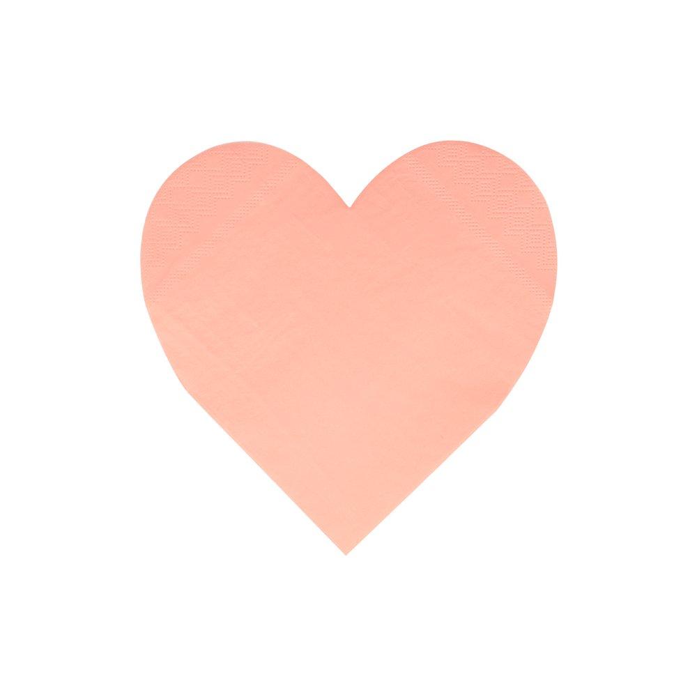 A close up of the peach napkin from Meri Meri pink tone large die cut heart shaped napkin set in 4 shades of pink including coral, pink, peach and blush, perfect for a Valentine's Day or Galentine's Day celebration, wedding, bridal shower, engagement party or any girly themed birthday party.