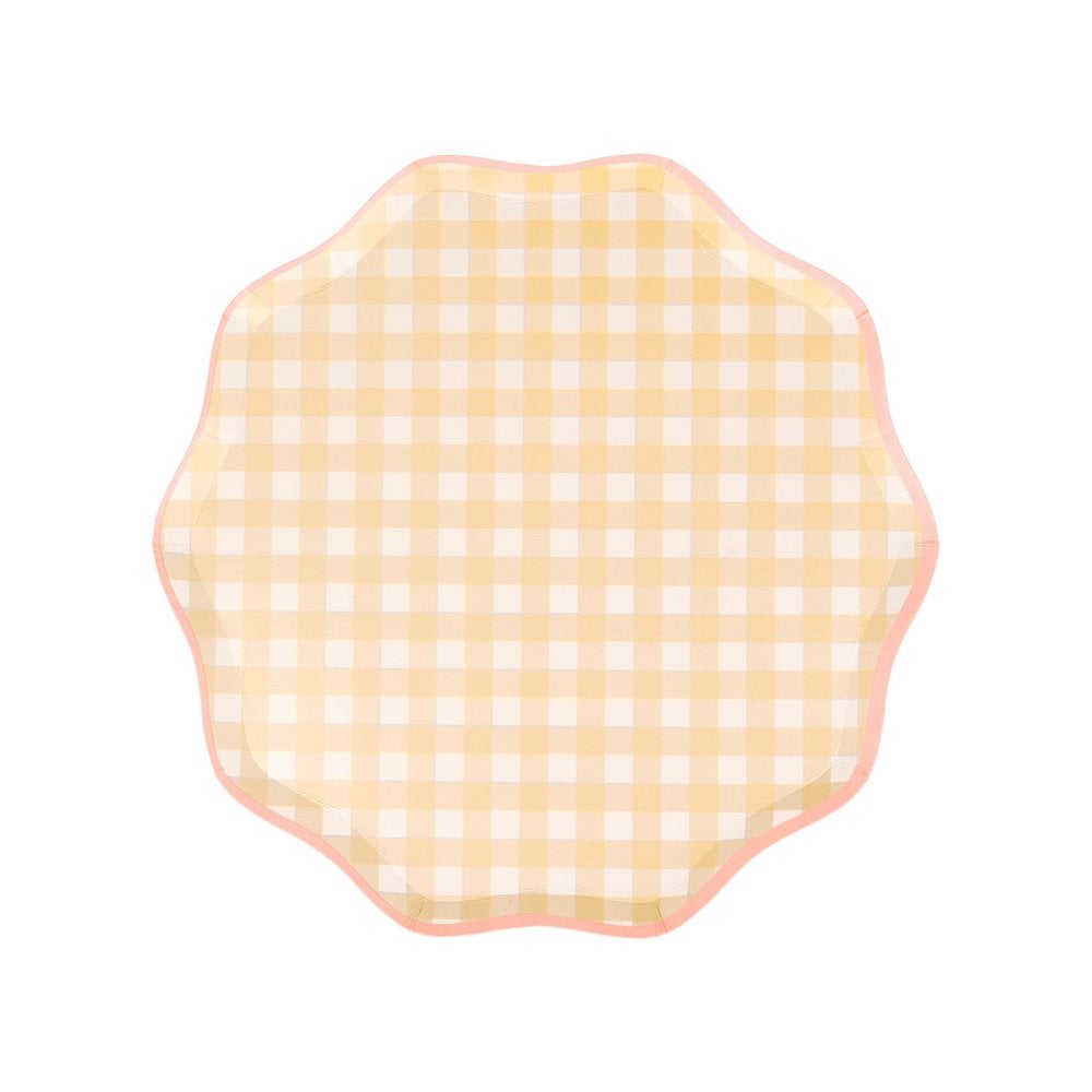 Meri Meri Gingham Dinner Plates. These plates feature a classic spring and summer Gingham print in pastel yellow design colors, with a delightful scalloped pink edge and a coordinating colored border. They are perfect for Tea parties, Easter party, Easter picnic, Spring party, and any birthday party for girls.
