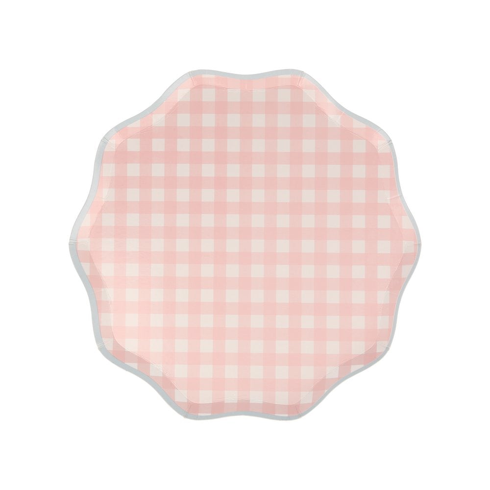 Meri Meri Gingham Dinner Plates. These plates feature a classic spring and summer Gingham print in Coral design colors, with a delightful scalloped pastel blue edge and a coordinating colored border. They are perfect for Tea parties, Easter party, Easter picnic, Spring party, and any birthday party for girls.