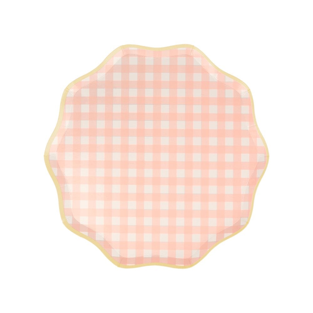 Meri Meri Gingham Dinner Plates. These plates feature a classic spring and summer Gingham print in pink design colors, with a delightful scalloped pastel yellow edge and a coordinating colored border. They are perfect for Tea parties, Easter party, Easter picnic, Spring party, and any birthday party for girls.