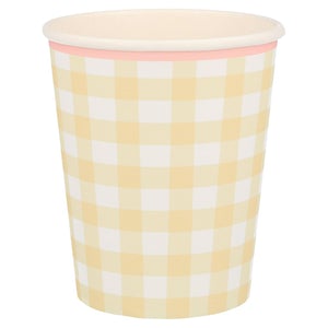 Meri Meri Gingham Cup. These cups feature a classic spring and summer Gingham print in pastel yellow design colors, with a delightful scalloped pink edge and a coordinating colored border. They are perfect for Tea parties, Easter party, Easter picnic, Spring party, and any birthday party for girls.