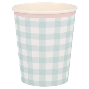 Meri Meri Gingham Cup. These cups feature a classic spring and summer Gingham print in blue design colors, with a delightful scalloped pastel pink edge and a coordinating colored border. They are perfect for Tea parties, Easter party, Easter picnic, Spring party, and any birthday party for girls.