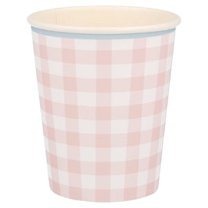 Meri Meri Gingham Cups. These cups feature a classic spring and summer Gingham print in Coral design colors, with a delightful scalloped pastel blue edge and a coordinating colored border. They are perfect for Tea parties, Easter party, Easter picnic, Spring party, and any birthday party for girls
