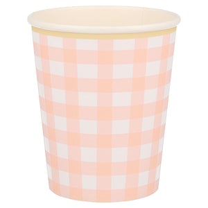 Meri Meri Gingham cups. These cups feature a classic spring and summer Gingham print in pink design colors, with a delightful scalloped pastel yellow edge and a coordinating colored border. They are perfect for Tea parties, Easter party, Easter picnic, Spring party, and any birthday party for girls.